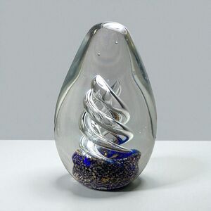 VTG Murano Glass Paperweight  Silver Spiral w/Blue Gold Fleck Base 4.75” Art